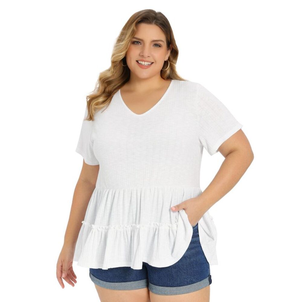 Women Plus Size Casual Babydoll V Neck Short Sleeve Blouses White